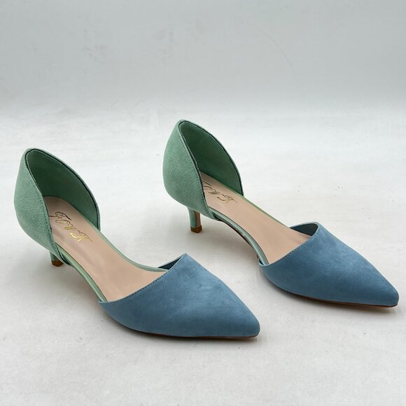 FOWT Blue Green Pointed Toe Kitten Heel Pumps Slip On Two Toned D'Orsay Sandals - Picture 4 of 8
